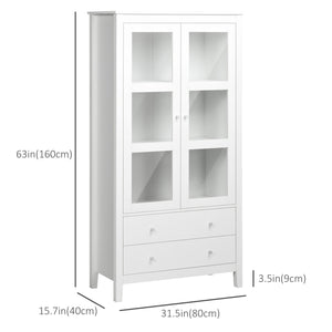 Storage unit with 3-tier shelves, 2 drawers and glass doors, white