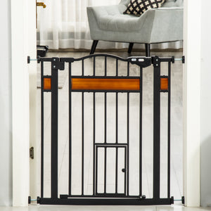 Extra-wide dog gate with integrated cat flap, black