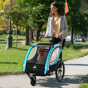 3-in-1 bike trailer with 5-point harness, storage, blue