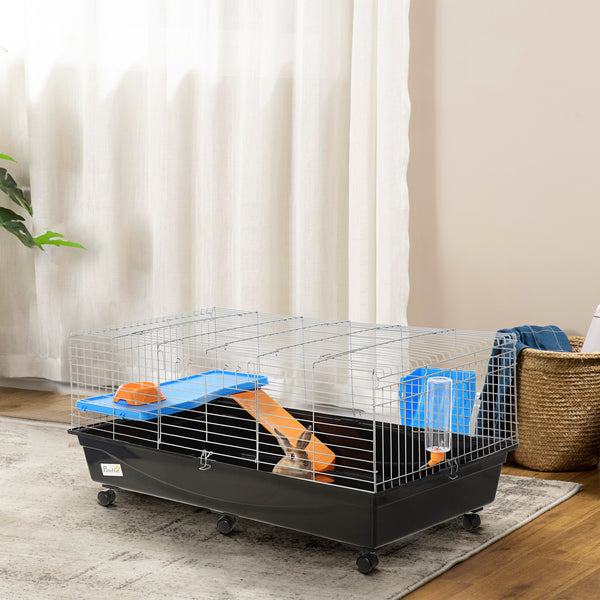 47" Rolling cage with a feeding bowl, a water bottle and an access ramp