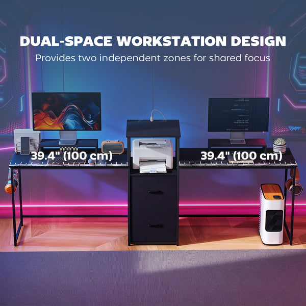 96-inch double gaming desk for 2 people with power outlets and monitor mounts, black
