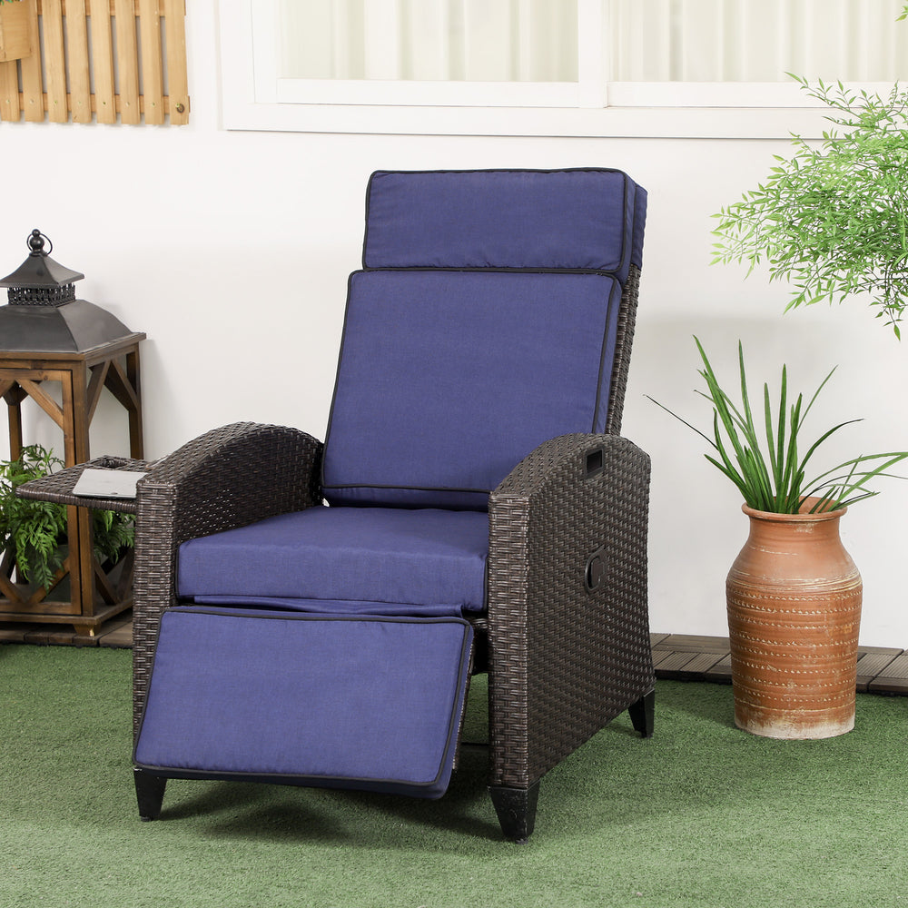Outdoor Recliner Chair with Adjustable Backrest, Cushion, Side Tray, Blue