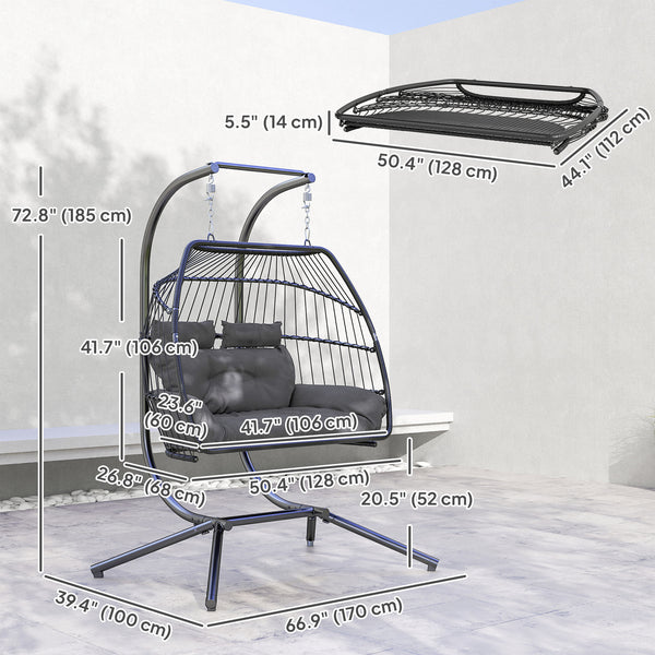 Double wicker swing with stand, foldable and hanging, UV-resistant cushion, headrest, dark gray