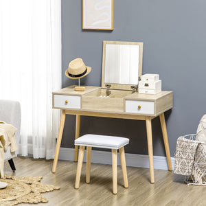 Dressing table with folding mirror and padded stool, natural