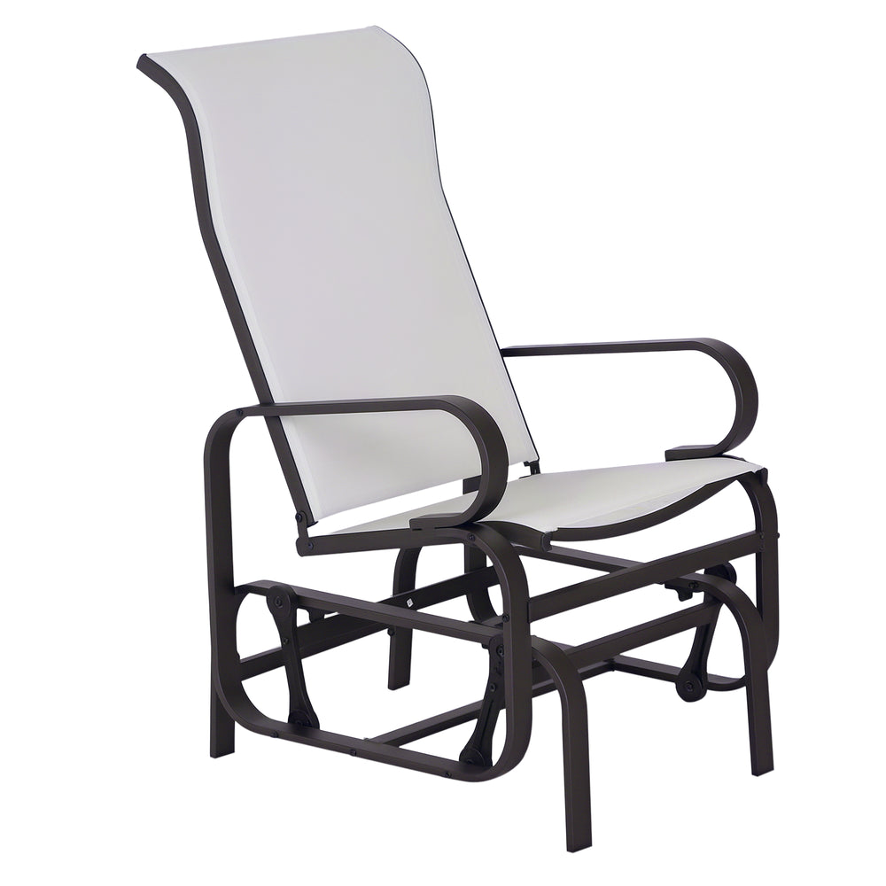 Outdoor rocking armchair in mesh, for patio, garden or veranda, brown and beige.