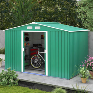 Garden shed with foundation kit and double door, green