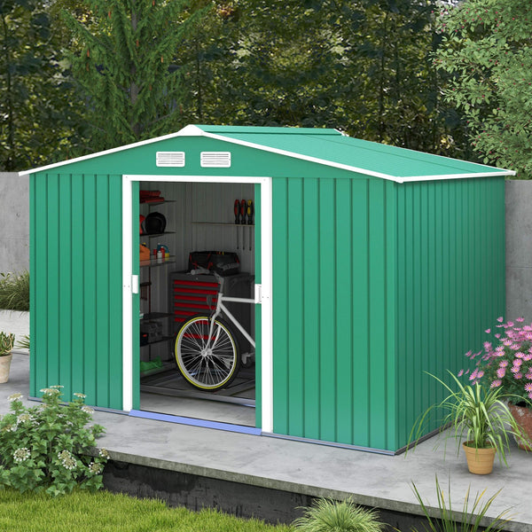 Garden shed with foundation kit and double door, green