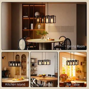 Farmhouse style linear pendant light with 4 rotating shades and adjustable height, black