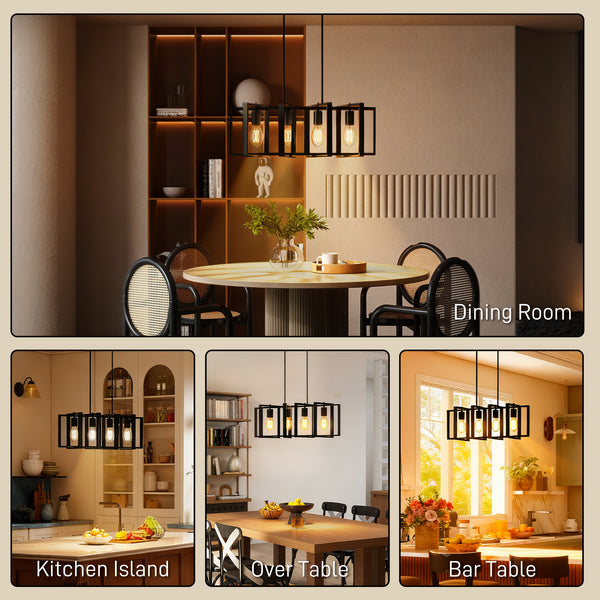 Farmhouse style linear pendant light with 4 rotating shades and adjustable height, black