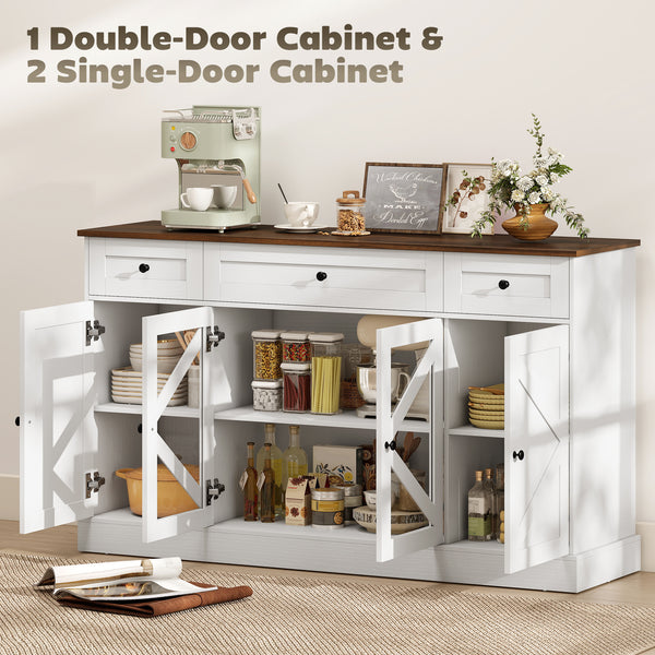 Buffet Sideboard, 54" Farmhouse Kitchen Storage Cabinet with Acrylic Barn Doors and 3 Drawers, White Wood Grain