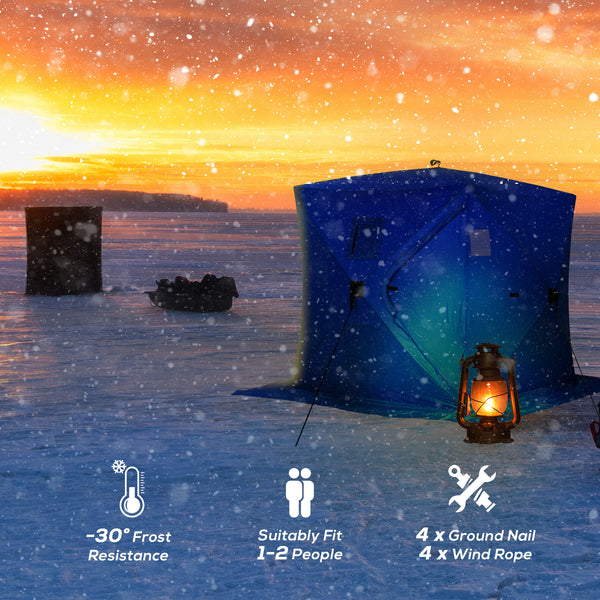 Ice fishing shelter for 2 people, foldable and collapsible, with carry bag, blue