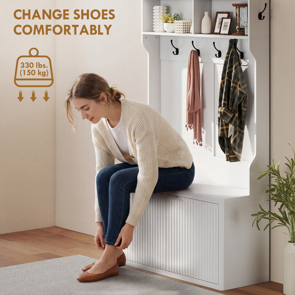 4-in-1 coat rack with integrated shoe bench and open shelf for entryway, white