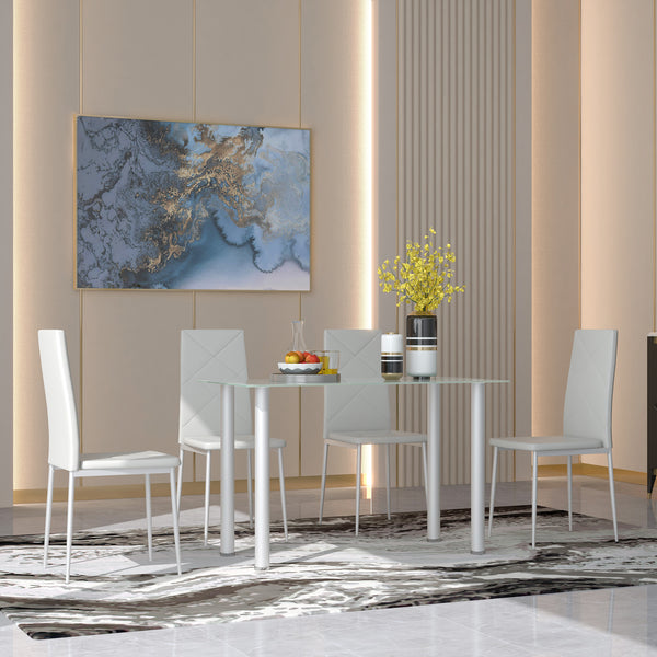 Modern 4 Person Dining Table Set, Space Saving with Rectangular Tabletop and Steel Frame, White