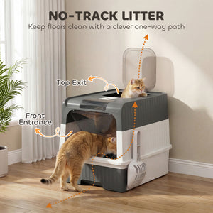 Enclosed litter box with drawer and top entry, grey