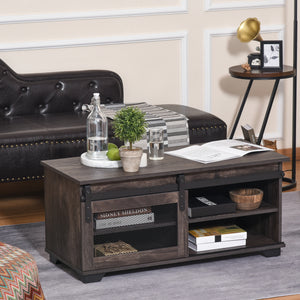Country style coffee table with sliding mesh door, dark brown