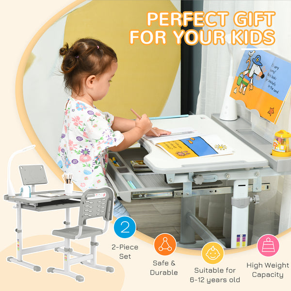 Height-adjustable desk and chair set with tilting top, gray