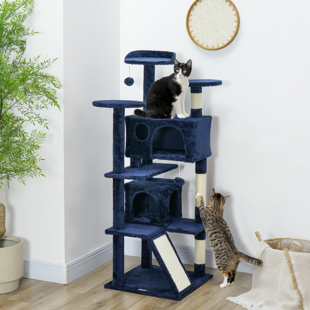 54-inch Multi-Level Cat Tree with Scratching Posts, Condos, Bed, Platforms, Dark Blue