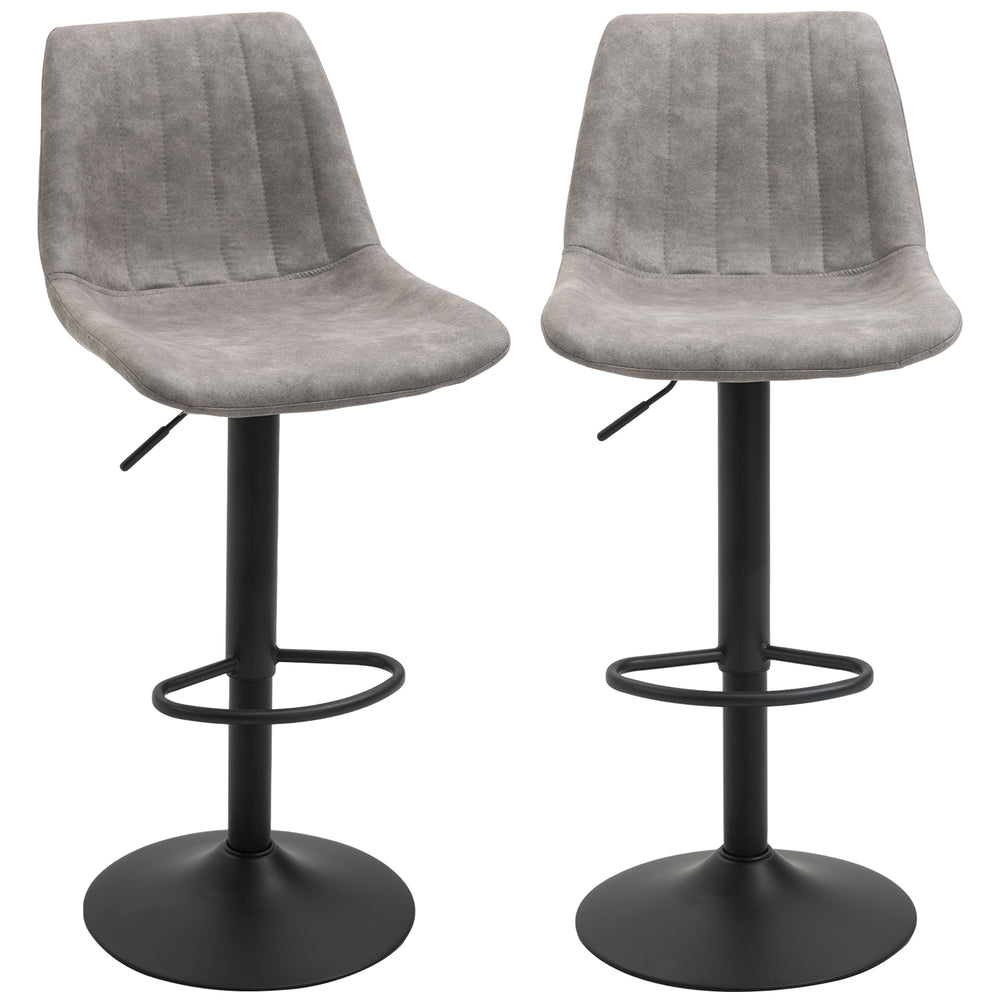 Set of 2 adjustable leather bar stools with backrest and footrest, grey