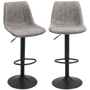 Set of 2 adjustable leather bar stools with backrest and footrest, grey