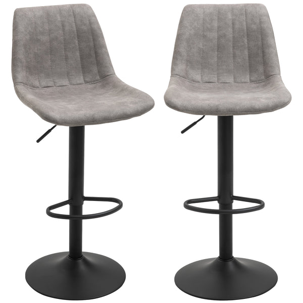 Set of 2 adjustable leather bar stools with backrest and footrest, grey