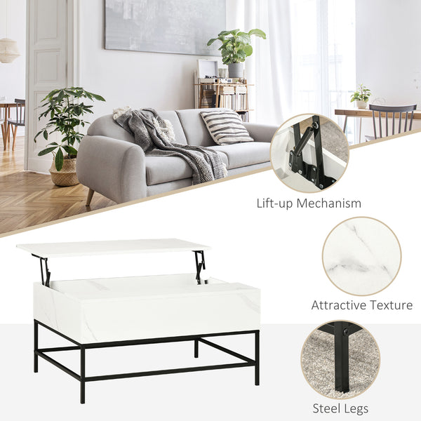 Lift-up coffee table with hidden storage compartment, white