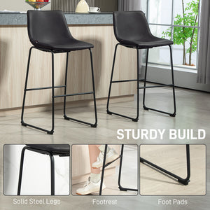 Set of 2 vintage style faux leather bar stools with footrest, dark brown.
