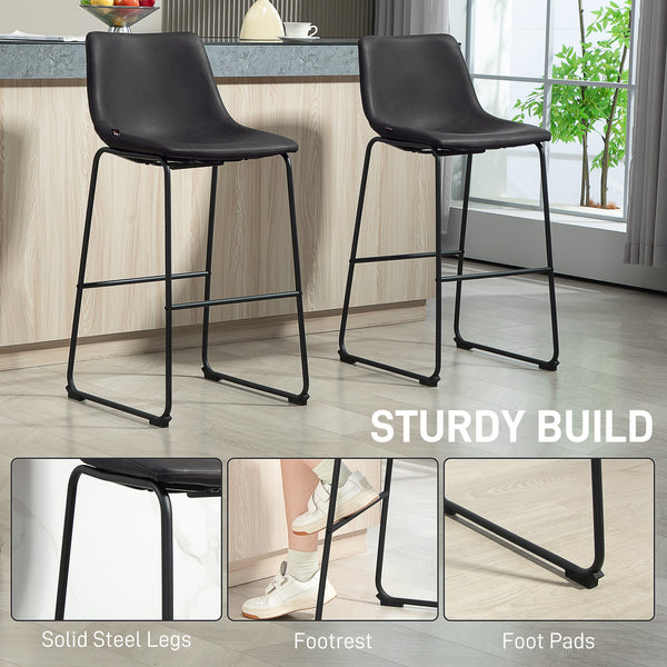 Set of 2 vintage style faux leather bar stools with footrest, dark brown.