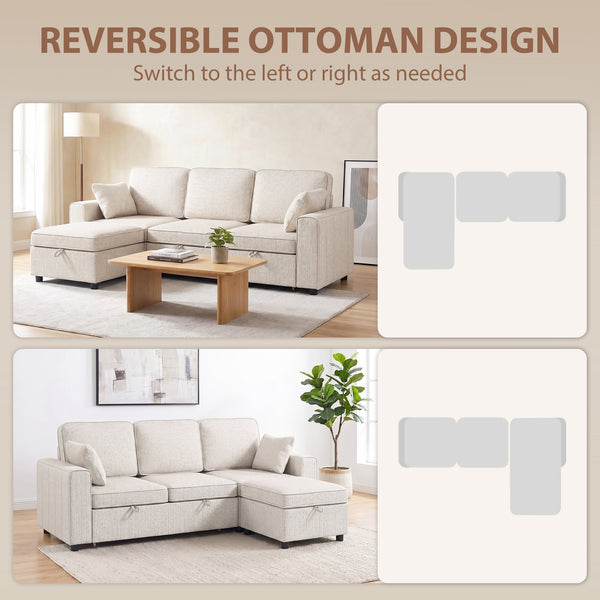 Modular sectional sofa bed with reversible storage ottoman and spring cushions, beige