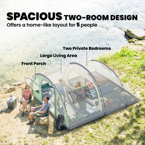 5-Person Multi-Room Camping Tent, Easy Setup with 4 Windows and Porch, Light Green