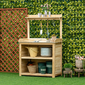 Wooden potting table with galvanized metal top