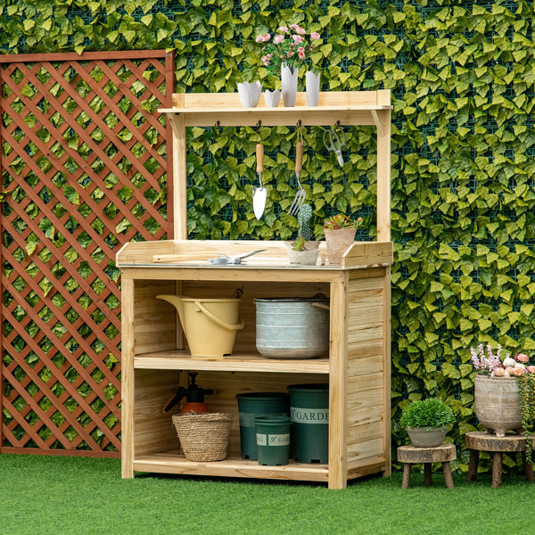 Wooden potting table with galvanized metal top