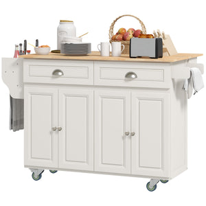 Kitchen island with drop-leaf storage, rubberwood top and adjustable shelves, cream white
