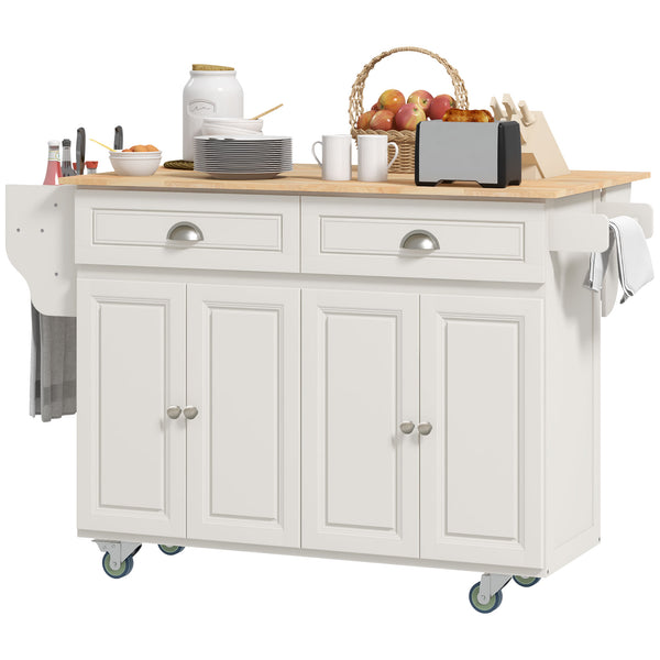 Kitchen island with drop-leaf storage, rubberwood top and adjustable shelves, cream white