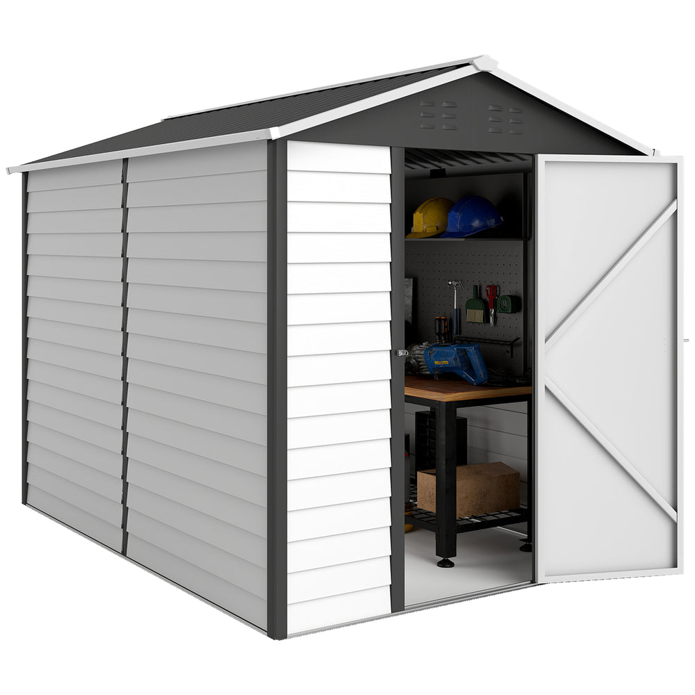 Garden shed with sloping roof and lockable door, grey and white