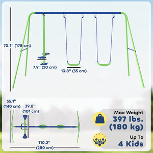 3-in-1 metal swing set with double swing and glider