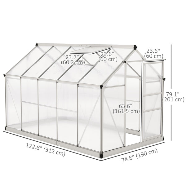 Polycarbonate greenhouse with gutter, vents and sliding door, silver color
