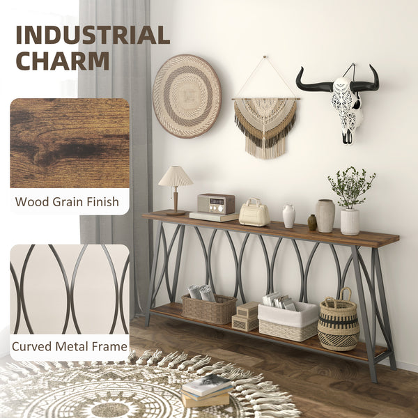 Industrial style two-tier console table with metal frame, rustic brown color.