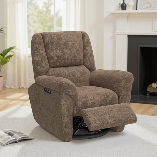 Electric reclining armchair, upholstered in fabric, with USB ports, swivel and rocking function, and footrest, Brown