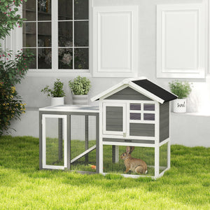 49" Weatherproof Wooden Rabbit Hutch With Slant Roof And Screened Outdoor Run, Grey