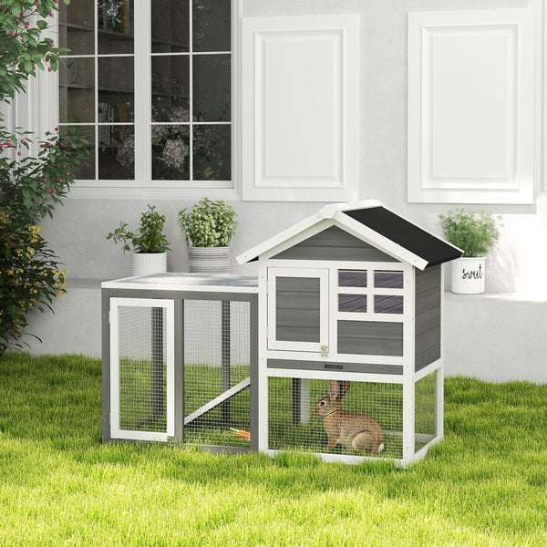 49" Weatherproof Wooden Rabbit Hutch With Slant Roof And Screened Outdoor Run, Grey