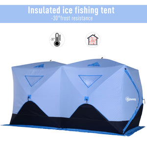 Insulated ice fishing shelter for 8 people with ventilation windows and carry bag, for temperatures down to -30°C, blue