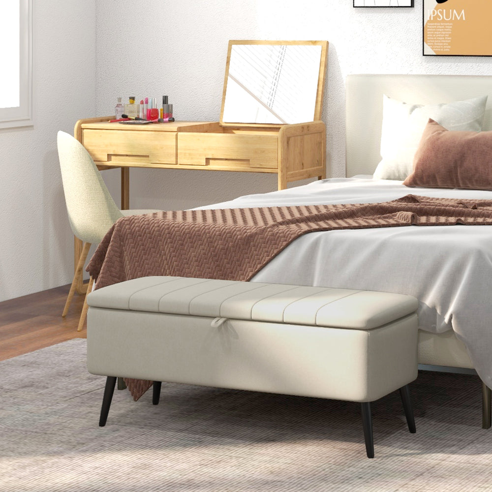 Linen Upholstered Storage Pouf with Steel Legs, Cream White