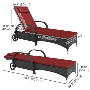 Chaise longue with headrest, 5-level adjustable, backrest, casters, deep coffee and wine red