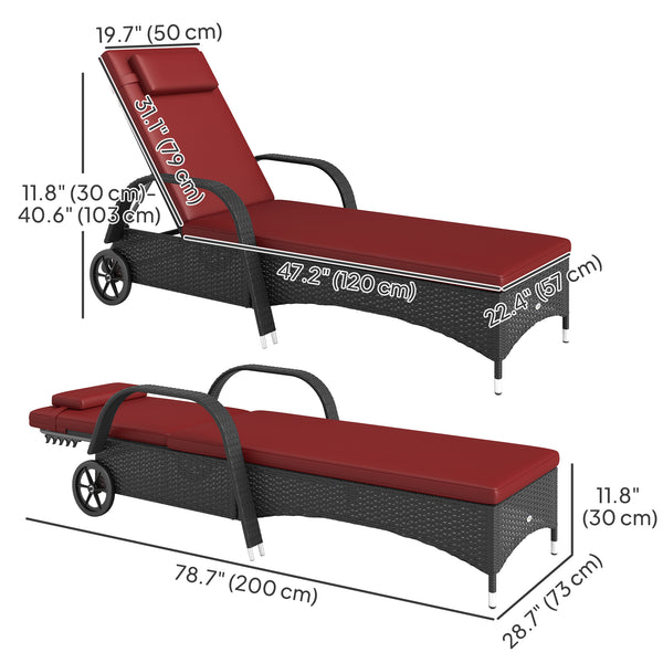 Chaise longue with headrest, 5-level adjustable, backrest, casters, deep coffee and wine red