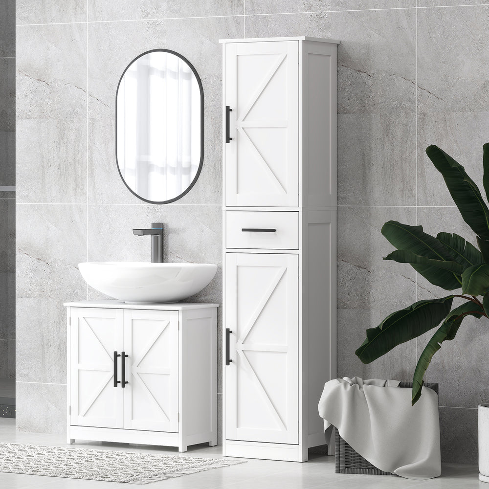 Bathroom cabinet 170 cm high with drawer, barn doors and adjustable shelves, white