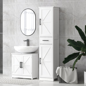 Bathroom cabinet 170 cm high with drawer, barn doors and adjustable shelves, white