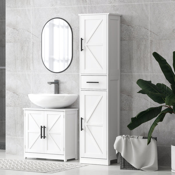 Bathroom cabinet 170 cm high with drawer, barn doors and adjustable shelves, white