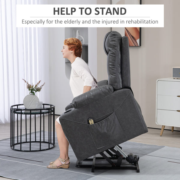 Leather Power Recliner Lift Chair with Remote Control and Cup Holders, Grey