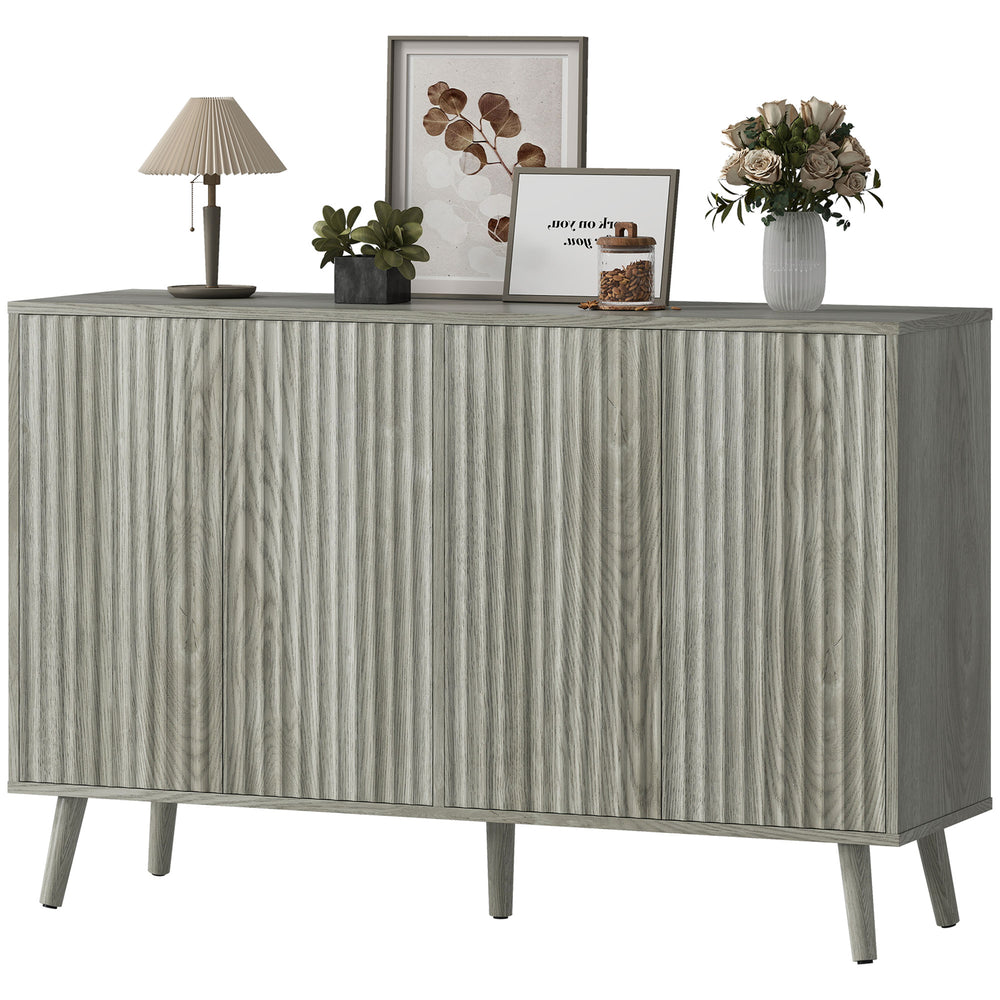 Modern light gray buffet with fluted drawers and adjustable shelves
