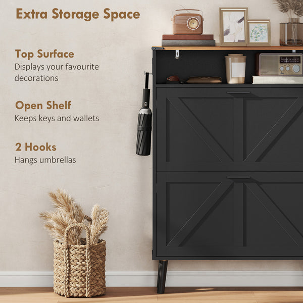Shoe cabinet with 2 tilt-out drawers, country style, narrow, holds up to 16 pairs, black
